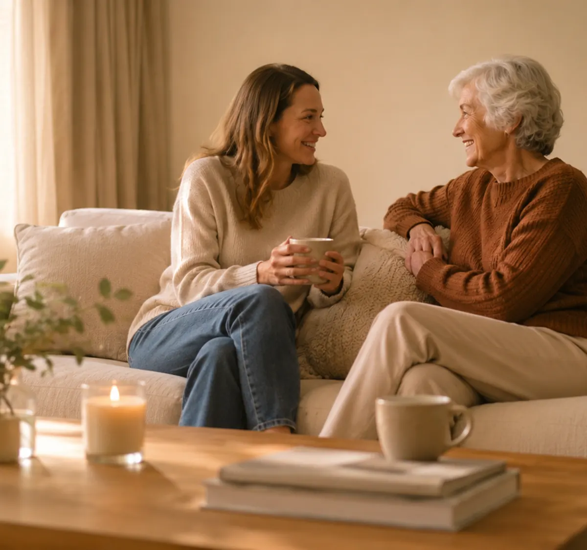 An older woman and her adult daughter talking and smiling on a sofa at home, with mugs of tea on the coffee table