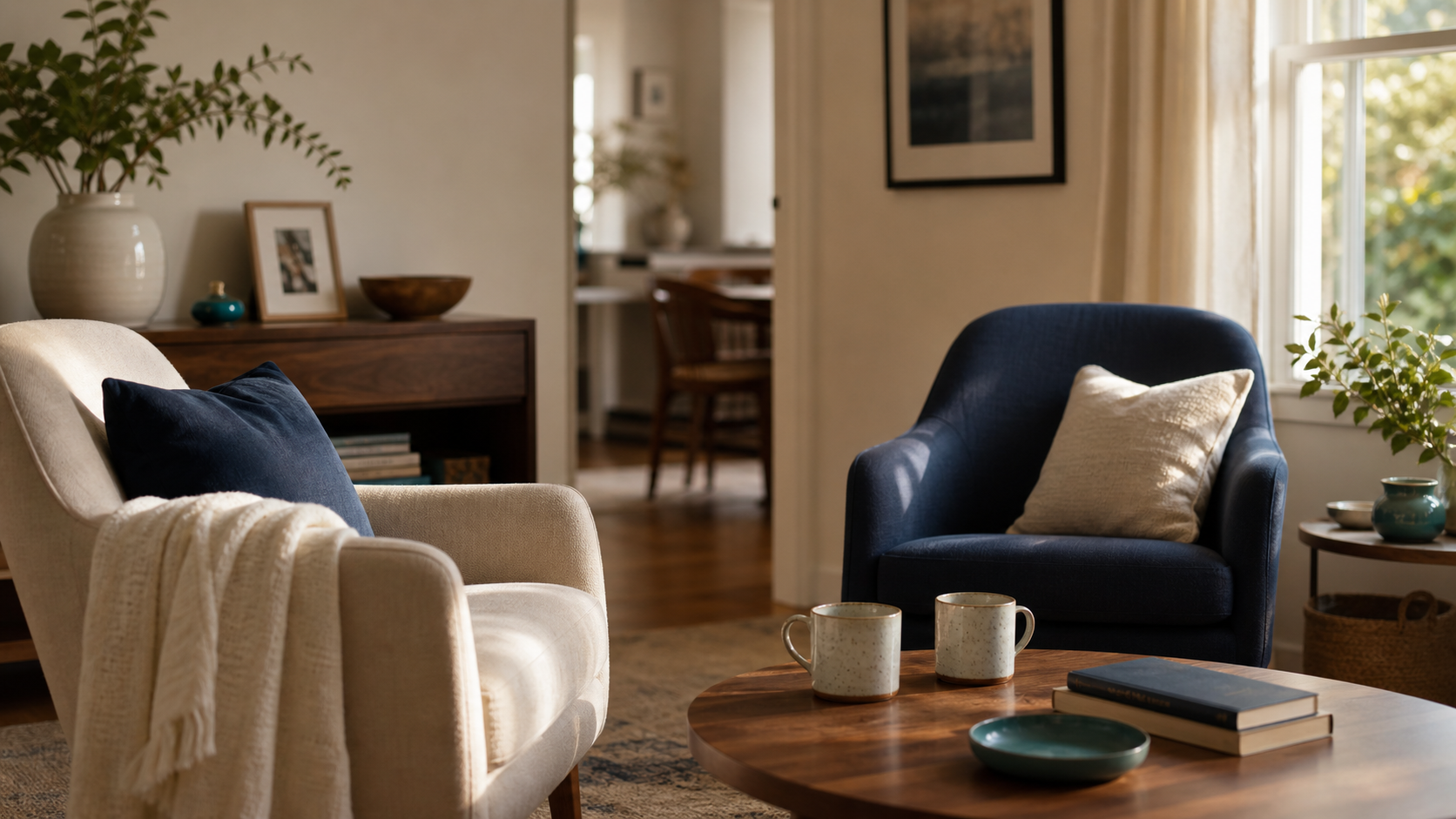 Two chairs facing each other in a warm, quiet living room