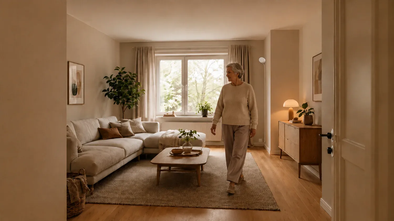 An older woman walking through her living room, a Silvie sensor on the wall