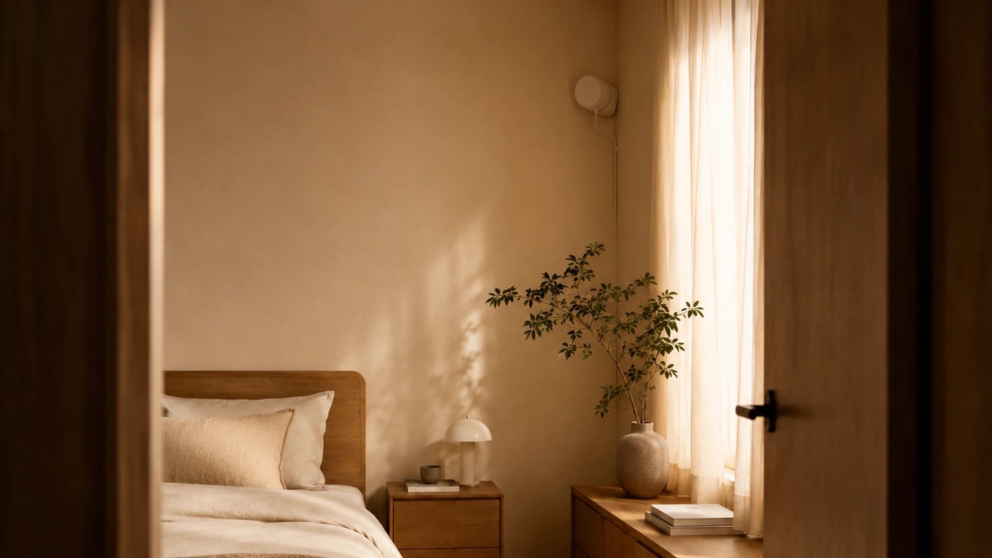 A warm dusk-lit bedroom with someone resting and a Silvie sensor on the wall