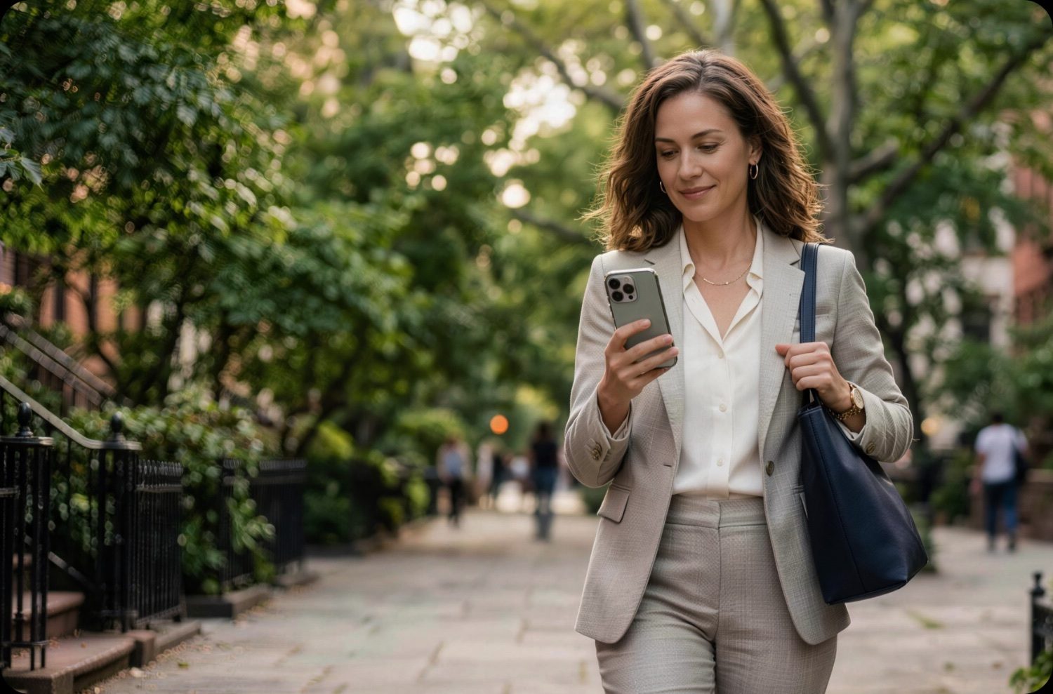 A woman checking the Silvie app on her phone while out walking