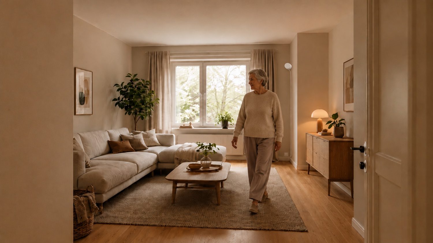 An older woman walking through her warmly-lit living room with a Silvie sensor on the wall