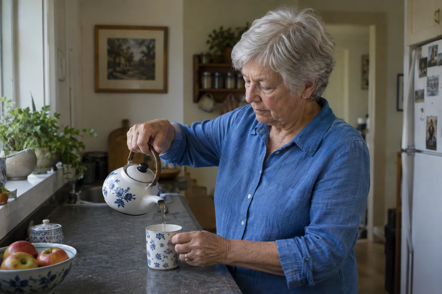 Her mom enjoying a quiet morning making tea