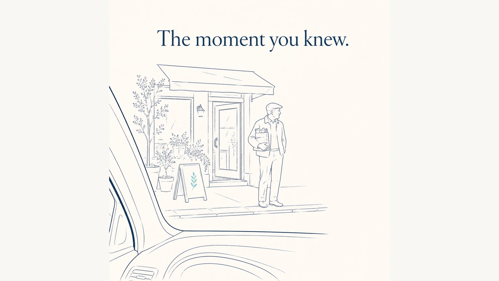 Line illustration of the view from a parked car towards a shop doorway where an older man has paused