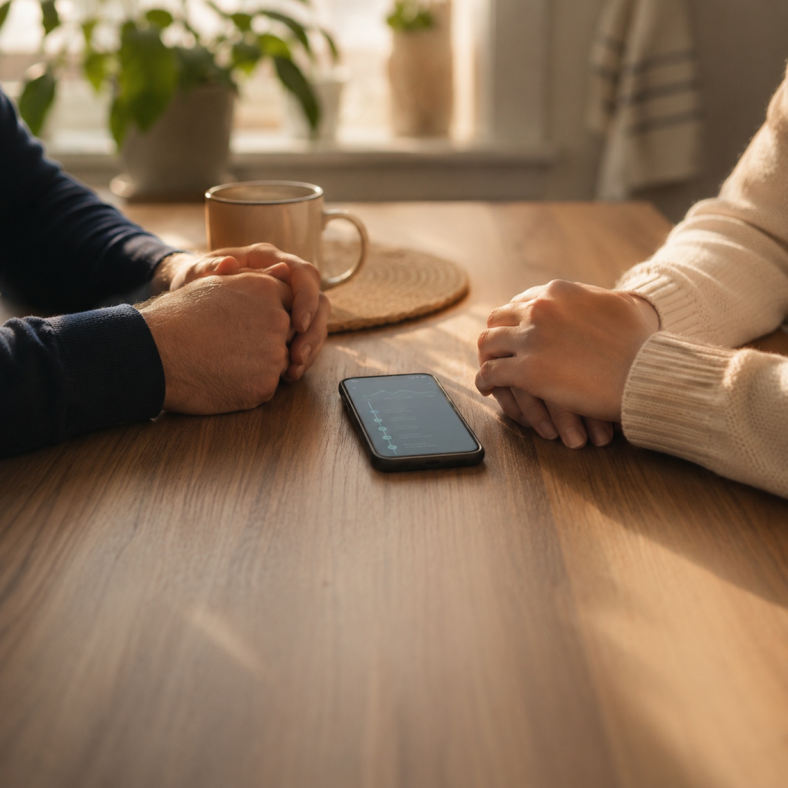 Two adult siblings' hands at a kitchen table with one phone between them
