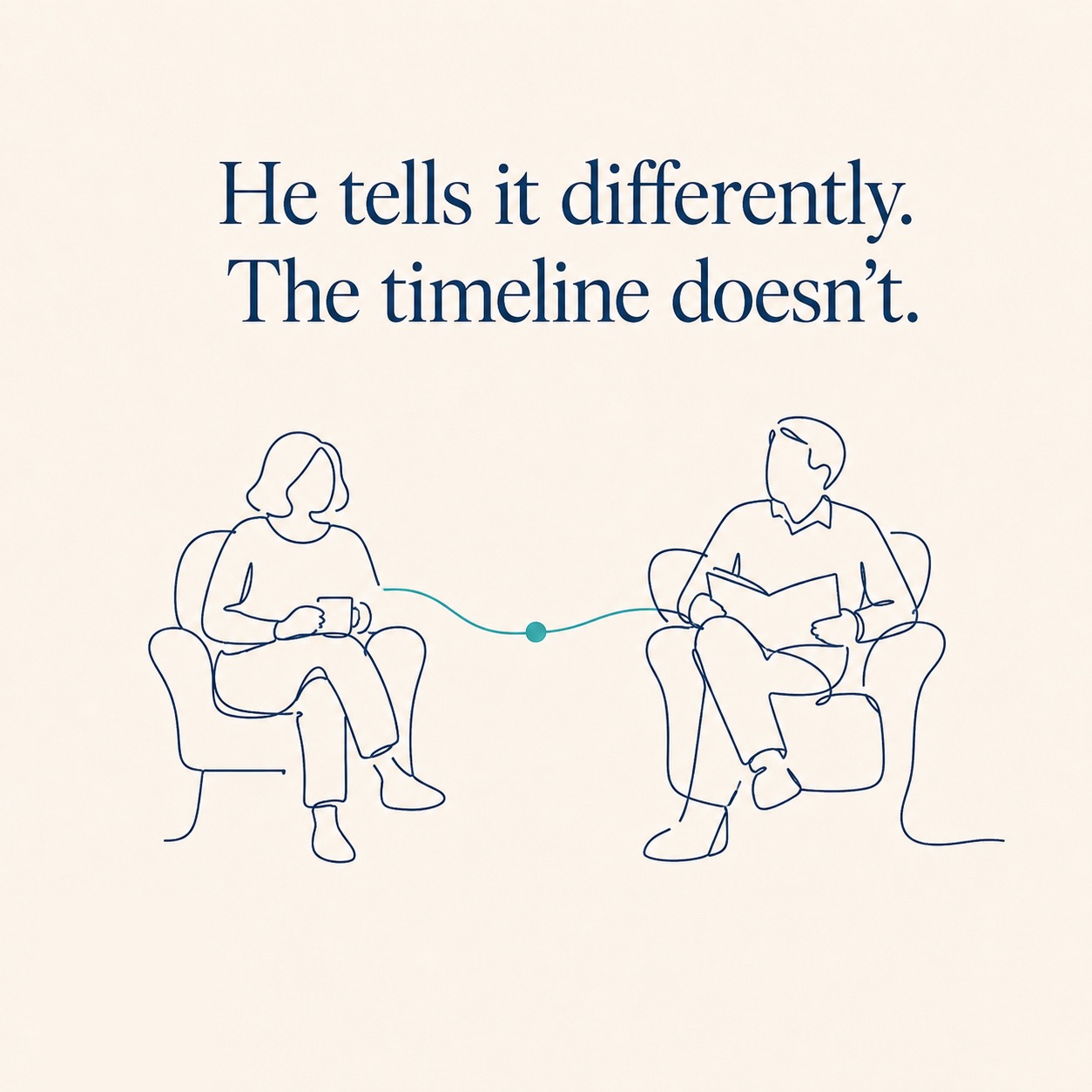 Line illustration of two figures seated apart, connected by a single timeline thread