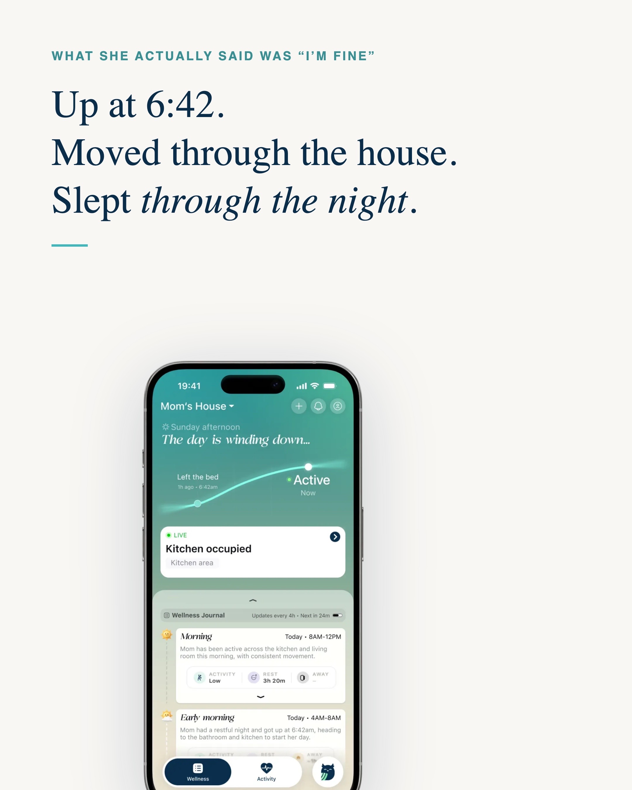 Silvie app screen showing Left the bed 6:42am, Active now, and a morning wellness journal