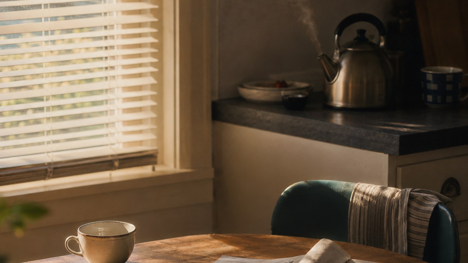 Morning light on a kitchen table with a cup of tea and a folded newspaper