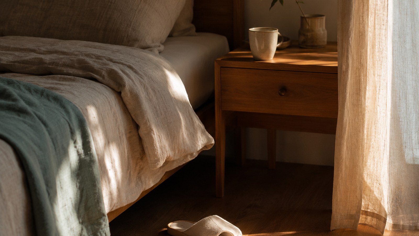 An empty bed with morning light across the floor and slippers beside it