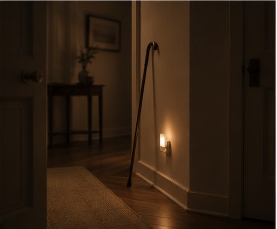 A hallway at night, one night-light on