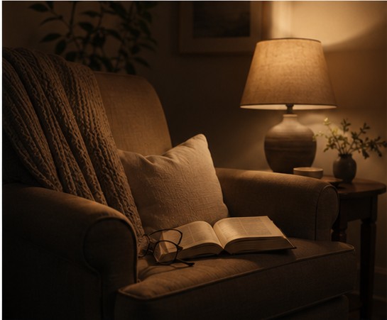 A warm living room at night, one lamp on