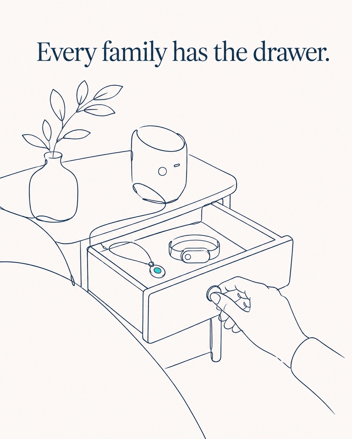Illustration of a hand closing a bedside drawer that holds a pendant and a band