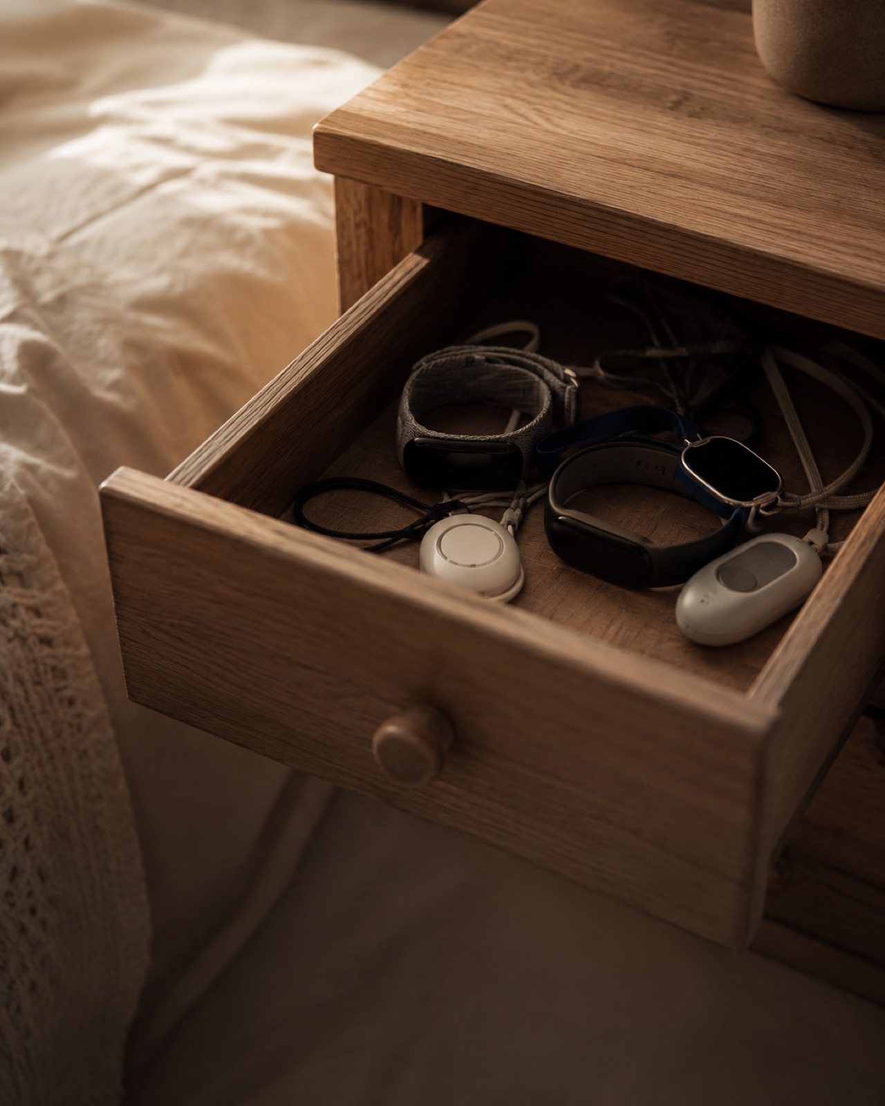 An open bedside drawer holding switched-off medical alert pendants and old fitness bands
