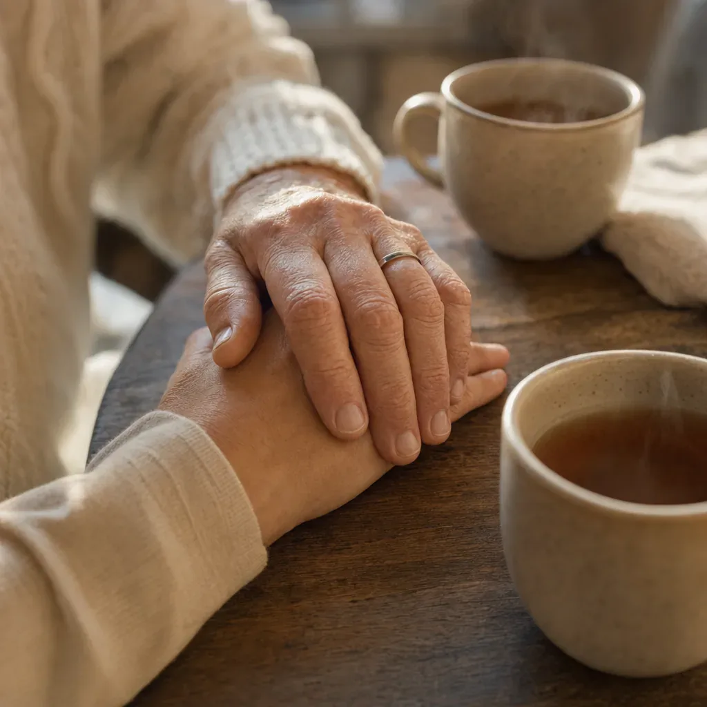 A younger hand resting on an elderly parent's hand beside a cup of coffee