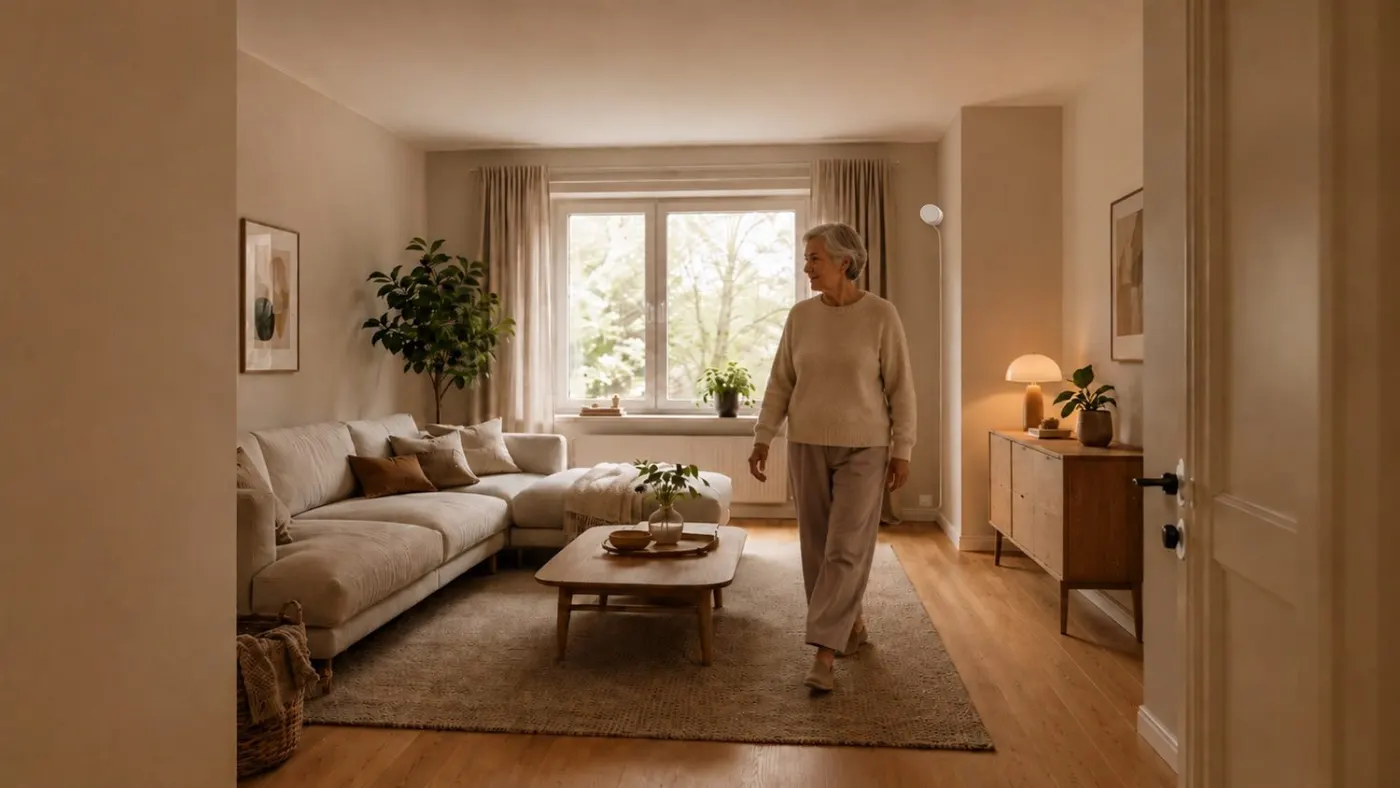 An older woman moving through her own warm living room, an ordinary unchanged day