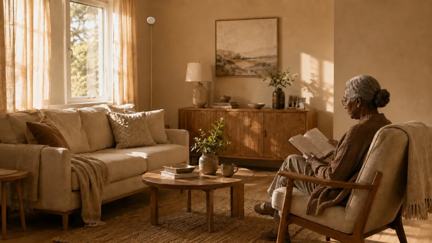 An older woman reading alone in her warm, sunlit living room, completely at ease