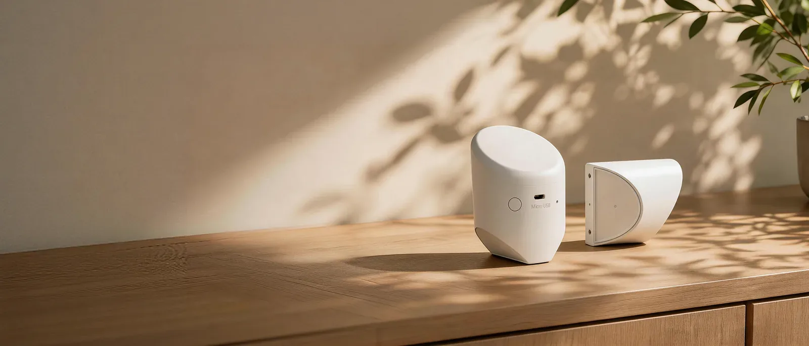 The Silvie sensors resting on a wooden credenza in warm light