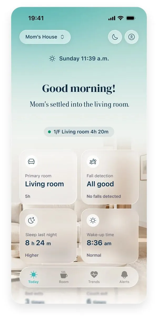 The Silvie app Today screen: Good morning, primary room, fall detection all good, sleep and wake-up time