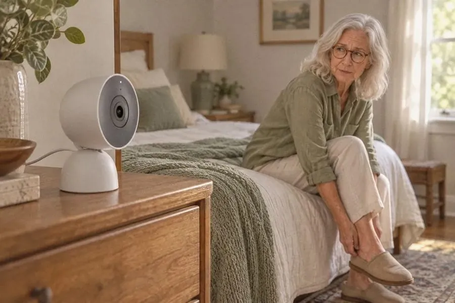 A home camera on a dresser next to an older woman