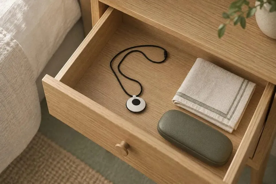 An alert pendant lying unused in a bedside drawer