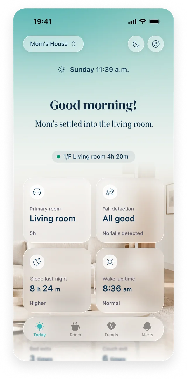 The Silvie app Today screen showing Mom's primary room, fall detection status, sleep and wake-up time.