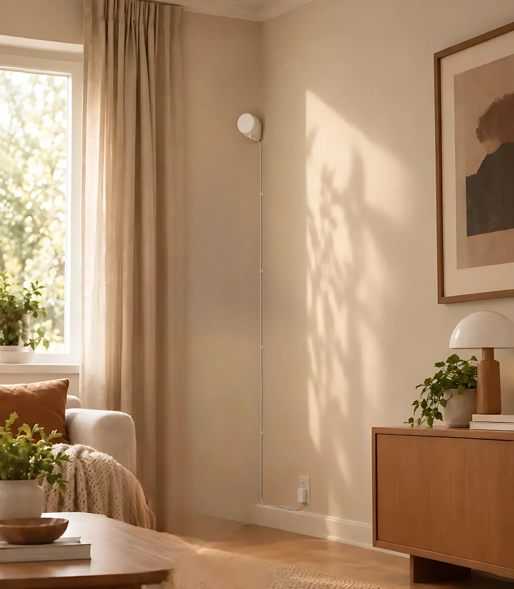 A bright living room with a small white Silvie sensor mounted high in the corner, its white cable clipped down the corner to a wall outlet.