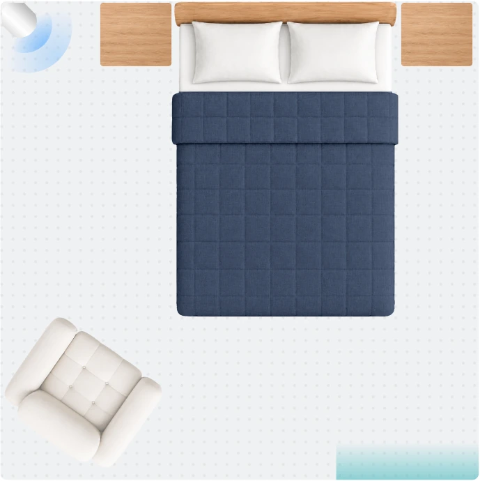 Top down floor plan of a bedroom with a bed, nightstands and an armchair. The sensor sits in the top left corner.